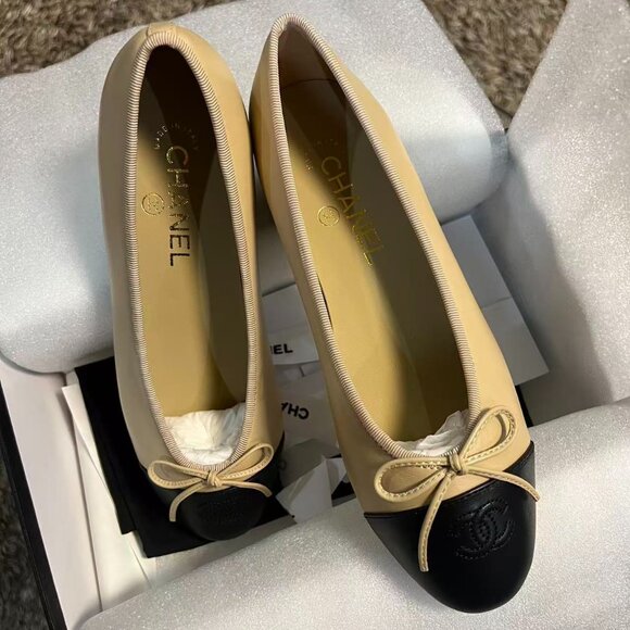 Chanel Ballerina Lambskin Leather Ballet Women's Flats Size 38 - Beige/Black - Picture 6 of 6